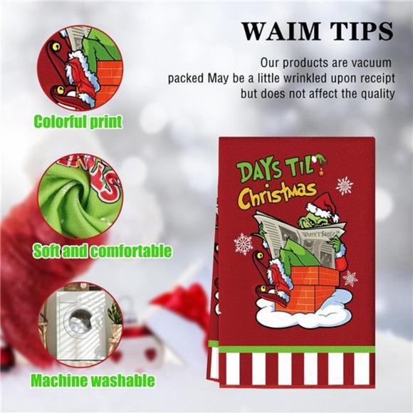 Red | Kitchen Towels 2 Pieces Christmas | 17.7 x 27.5 Inch | Grinch Decorations - Picture 3 of 7